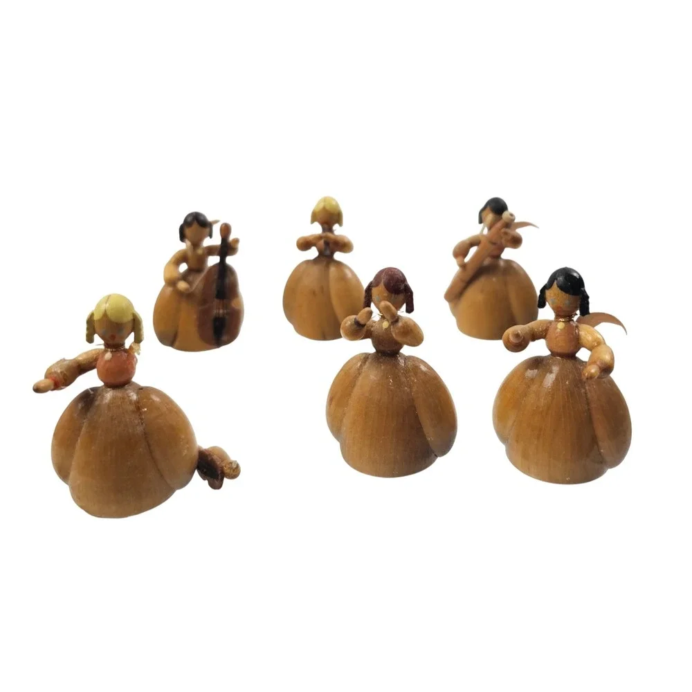 Vintage Hand Carved Wooden Musical Angel Orchestra Figurine Set of 6 Folk Art